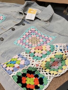 Handmade Artist Design Light Wash Denim Jeans Jacket with Pastel Crochet Accents